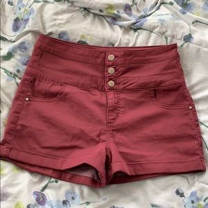 red high-waisted shorts